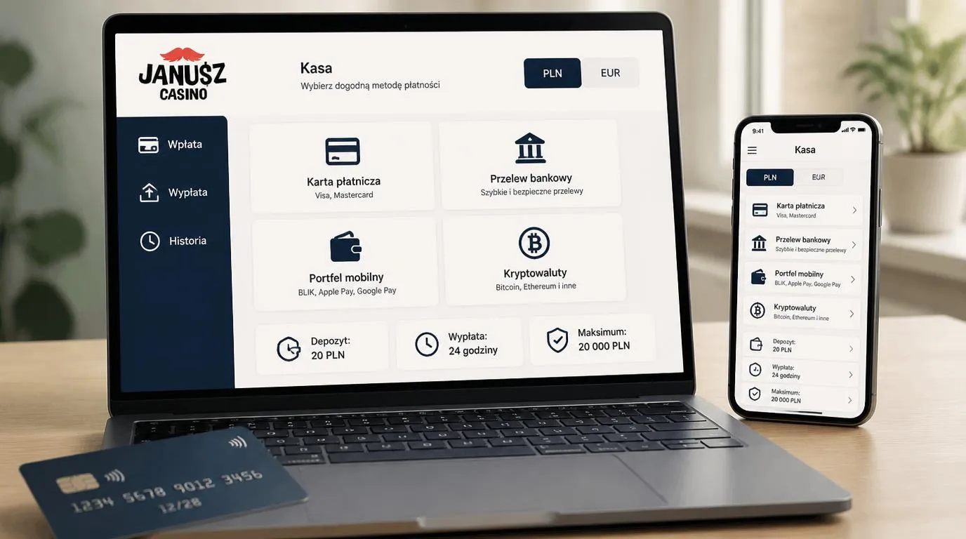 Panel kasjera z walutami PLN i EUR, kartą płatniczą, telefonem oraz informacjami o depozycie i wypłacie