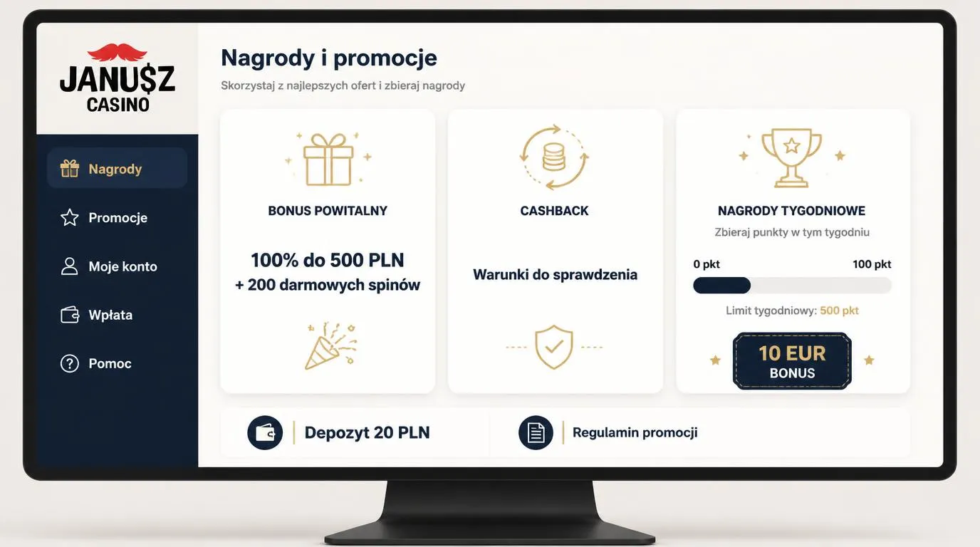 Panel porównujący bonus powitalny, cashback i tygodniowe nagrody punktowe z informacją o depozycie 20 PLN