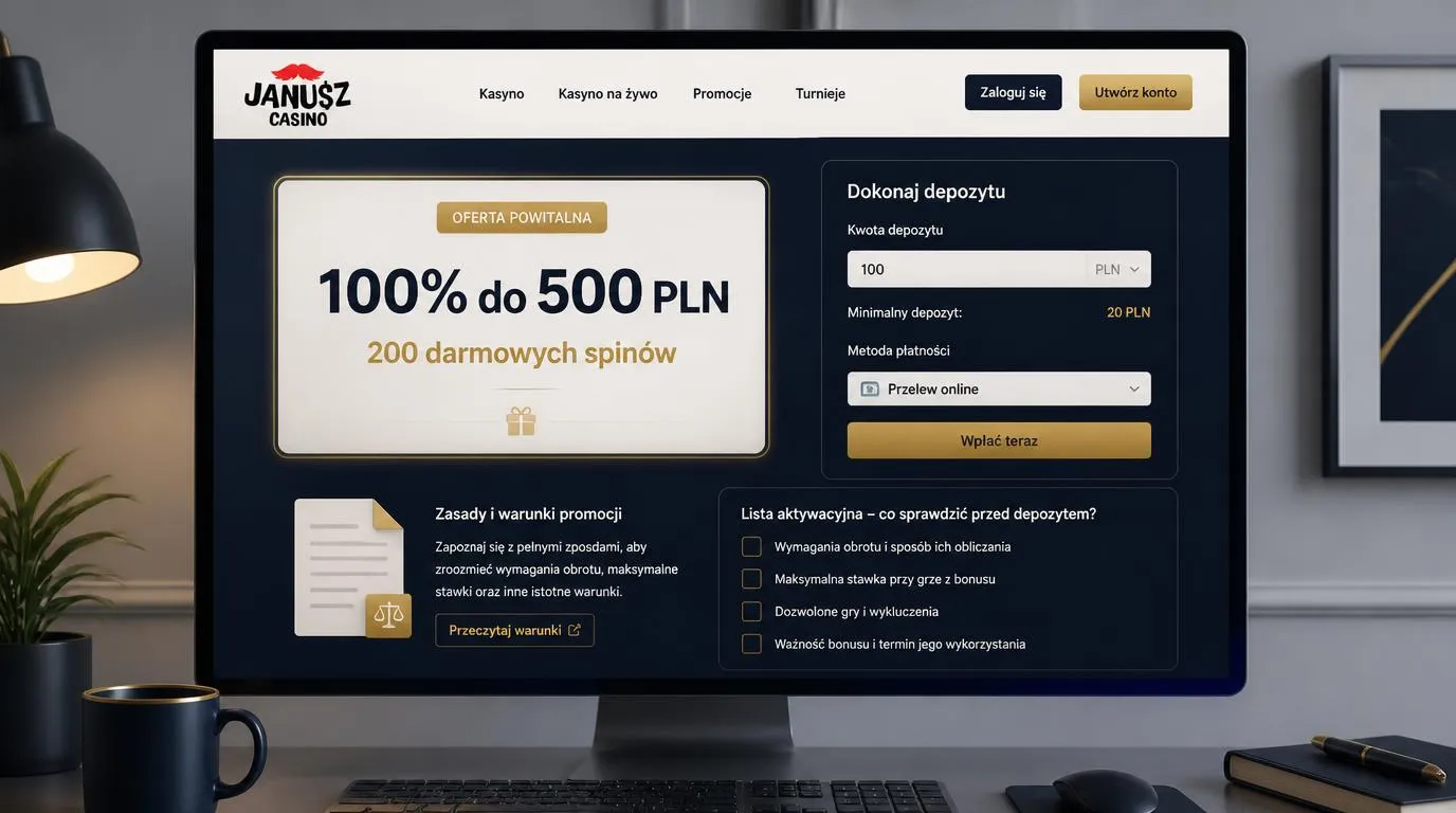 Panel oferty powitalnej 100% do 500 PLN i 200 darmowych spinów obok pola minimalnej wpłaty 20 PLN